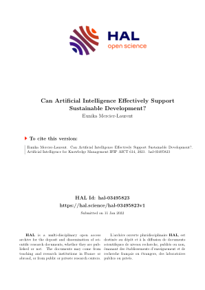 Eunika Mercier-Laurent。人工智能能否有效支持可持续发展？。人工智能知识管理 IFIP AICT 614，2021 年。�hal-03495823�